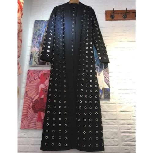 High Quality Slim Hollow out Cardigan Long Trench coat Women Vintage Long sleeve Black Windbreaker With Belt Outerwear Female