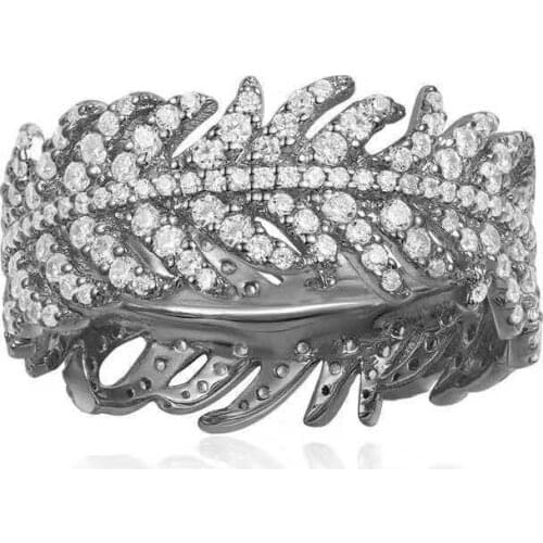 SLJELY Brand 925 Sterling Silver Cool Black Gray Feather Finger Ring Micro Cubic Zirconia Stones Fine Women Girls Jewelry