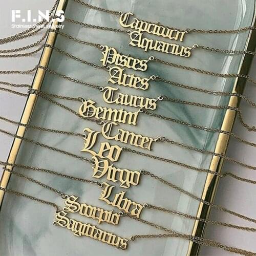F.I.N.S Three-tones Stainless Steel Letter 12 Zodiac Necklace Women Constellation Chain Choker Necklace Jewelry for Women Gift