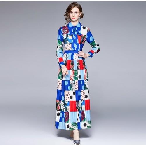 High Quality Runway Pleated Fashion Dress For Women 2021 Autumn Elegant Long Sleeve Dot Floral Print Holiday Dress Robe Longue