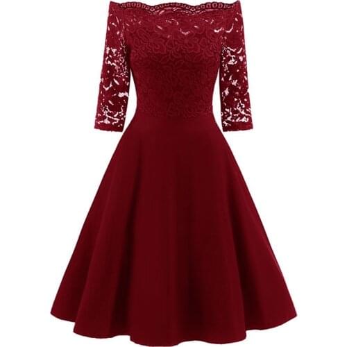 2020 Spring Autumn Women Slash Neck Lace Dress Women 3/4 Sleeve 1950s Vintage Dress Sexy Hollow Out Evening Party Dress 3 Color