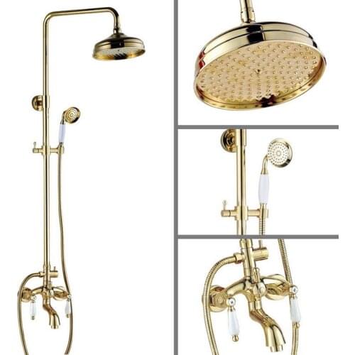 Gold Brass Ceramics Levers 8" Large Round Shower Head Wall Mount Bathroom Rainfall Shower Faucet Set Bathtub Mixer Tap agf431