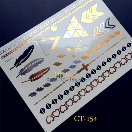 1PC Sexy Gold Sliver Feather Flash Metallic Cross Chain Tattoo Waterproof H154 Heart Bracelet Tattoo Choker Arrow Sticker Paper