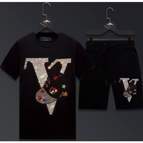 2021 Men Clothing Sportswear Rhinestones Summer Suit Fitness Thin Mens Track Suit Set 2 Pieces Casual Jogger Sets Plus Size 6XL