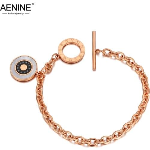 AENINE Stainless Steel White Shell Circle Charm Bracelets For Women Girls Trendy Bohemia Roman Numerals Chain Bracelet AB20077