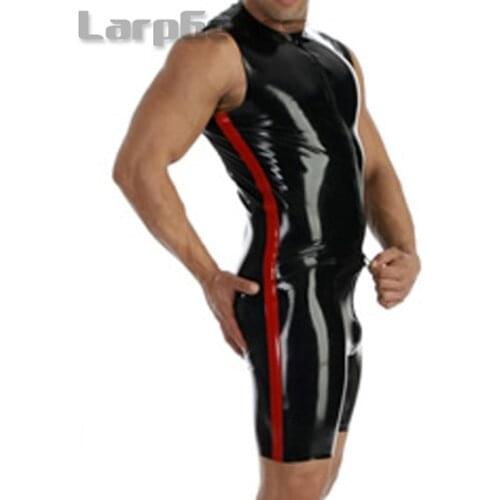 Black with Red Latex Rubber Tights Sexy Men Bodysuits Shorts Latex Catsuit Leotard