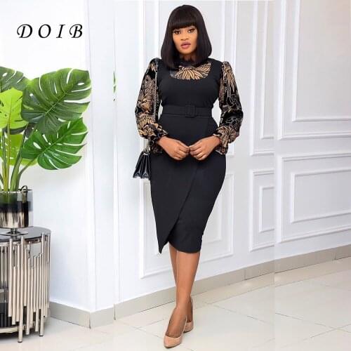 DOIB African Dress for Women Black Patchwork Office Lady Split Pencil Dress Vintage Work Wear Sashes Dress