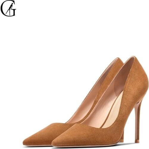 GOXEOU Womens Pump Genuine Leather Brow Kid Suede Sheepskin Pointed Toe High Heels Party Fashion Office Lady Shoes Size 32-46