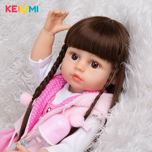22 Inch KEIUMI Full Silicone Toddler Boneca Bath Doll Toy Cute Long Hair 55 CM Reborn Bebe Toys Doll Kids Birthday XMAS Gift