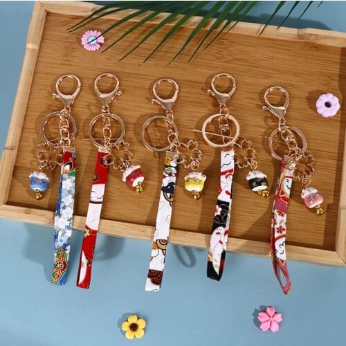 Cute Ceramics Maneki Neko Lucky Kawaii Cat Fortune Cat Sakura Keychain Key Chain Car Bag Pendent Mobile Accessories Women
