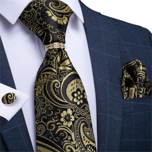 Mens Necktie Gold Black Paisley Design Wedding Tie For Men Necktie Ring Silk Tie Set Hanky Cufflinks DiBanGu Business JZ03-7023