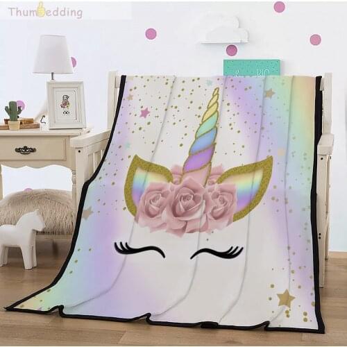 Thumbedding Unicorn 3D Flannel Blankets for Bed Luxury Smiling Face Throw Blanket Colorful Flower Comfortable Material Bedspread