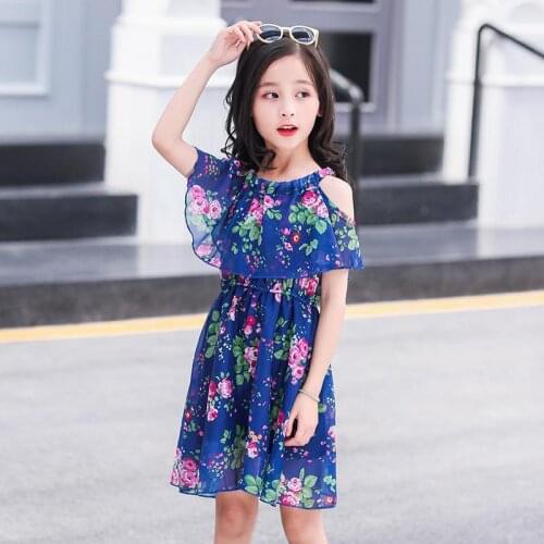 Girls dress summer childrens clothing new sleeveless floral chiffon dress fashion road shoulder kids clothes