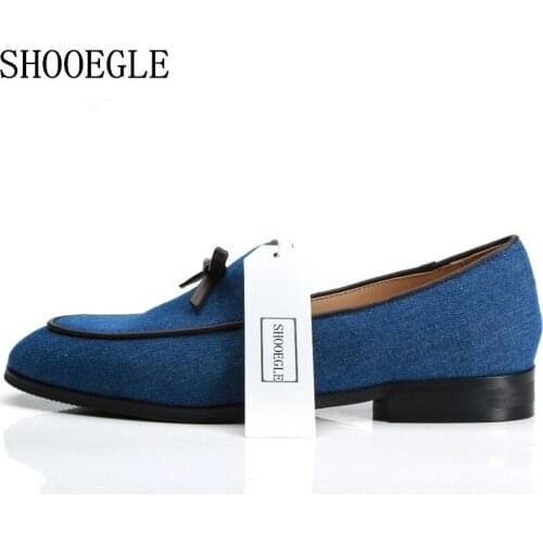 SHOOEGLE Newest Men Denim Loafers Bowknot Prom Party Wedding Shoes Fashion Slip-on Smoking Casual Shoes Size 39-47