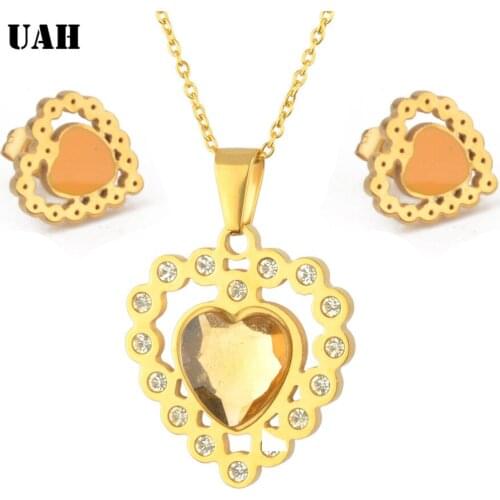 UAH New stainless steel Heart Shape Crystal earrings necklace Jewelry Set Free shipping
