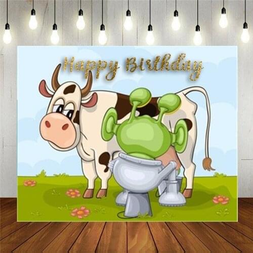 Photography Backdrop Props Cartoon Animals Cow Funny Alien Is Milking Vinyl Background For Kids Birthday Party Decoration