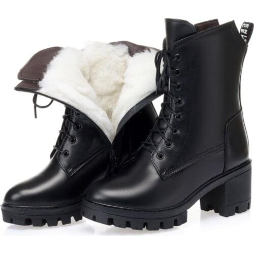 Y39 Hot sale Martin boots Genuine leather wooI snow boots women winter zip platform ankle boots square keep warm botas de mujer