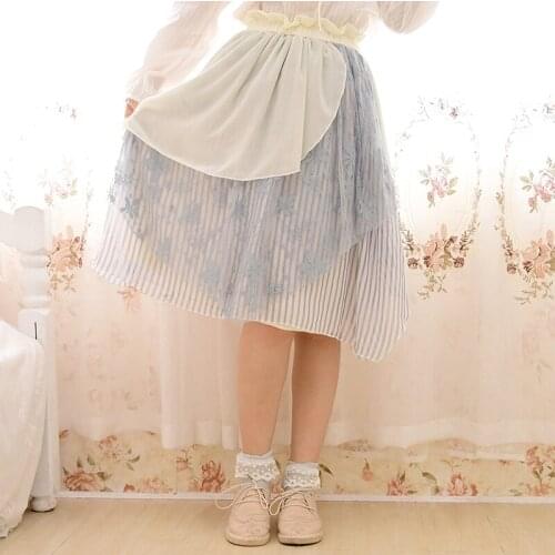 Japanese Mori Girl Bohemian Hippie Boho Chiffon Embroidery Crochet Patchwork Stripe Cotton Linen Elastic Waist Women Fall Skirt