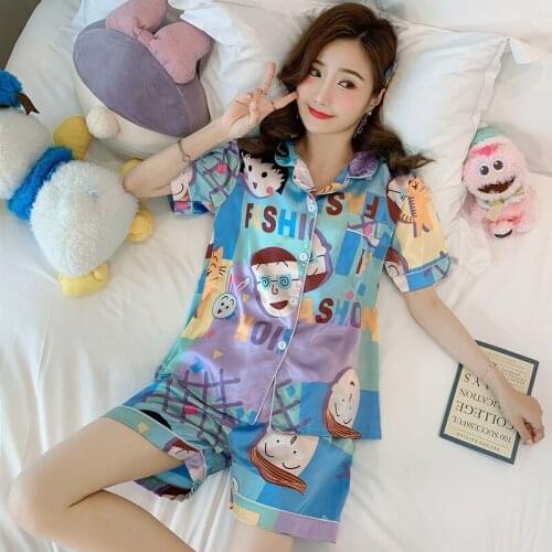 Women‘s Pajamas Casual Turn-down Collar Short Sleeve Sleepwear Printed Summer Pyjama Shorts Female Homewear