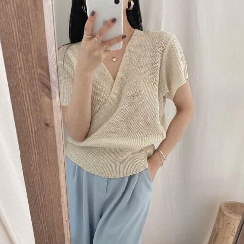Tops Women 2021 Summer Beige Green Fashion Cross V-Neck Korean Short Sleeve Knitted Tshirt Femme