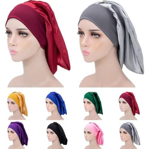 Women Long Satin Snap Bonnets Solid Wide Elastic Band Shower Cap Night Sleep Caps Hair Care Bonnet Silk Turban Nightcap Headwear
