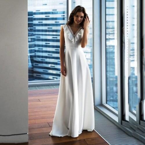 Ruffles Lace V-Neck Wedding Dresses 2021 A-Line Sweep Train Open Back Sleeveless Elegant Formal Bridal Gown For Women Soft Satin