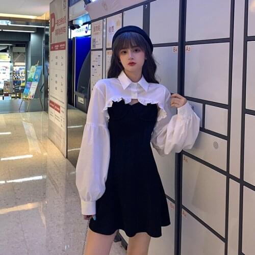Women Casual Sets White Crop Top Long Sleeve Blouse And Black Hight Waist Mini Suspender Dress 2021 Spring Two Piece Set Clothes