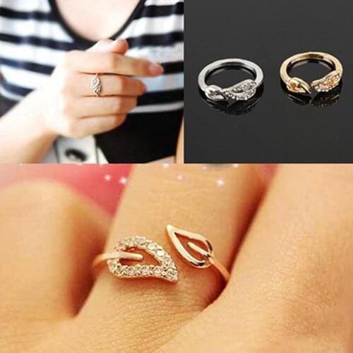 Women Fashion Rhinestone Two Leaf Open Ring Jewelry for Lovers Party Gift Wedding Engagement Ring Wholesale