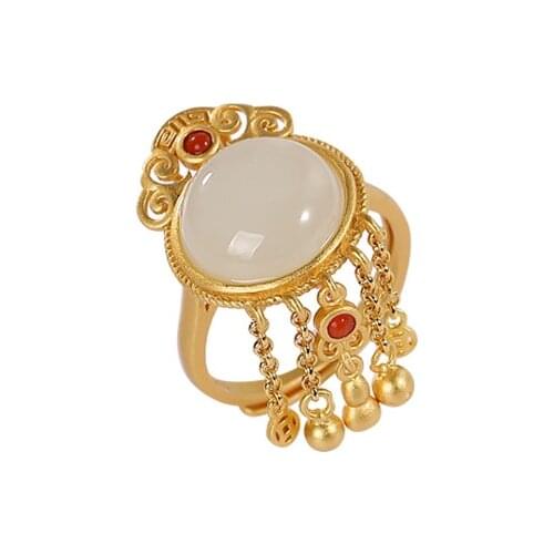 S925 sterling silver gold plated Hetian jade retro personality tassel blessing within sight ring Womens Open ring