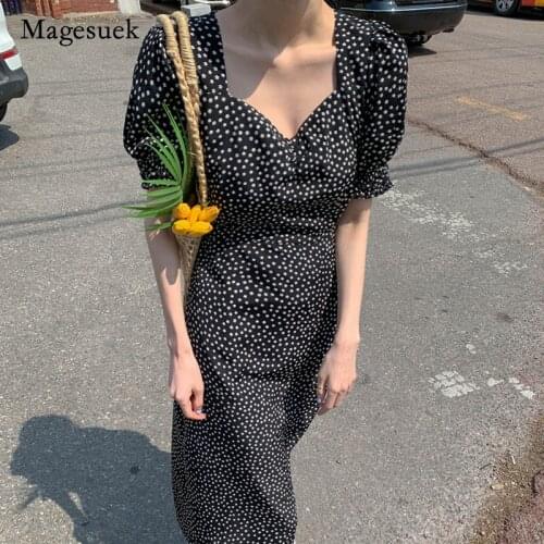 Vintage Square Collar Women Summer Dress Korean Fashion Print Lantern Sleeve long Dresses New Slim Fit Clothes Vestidos 14032