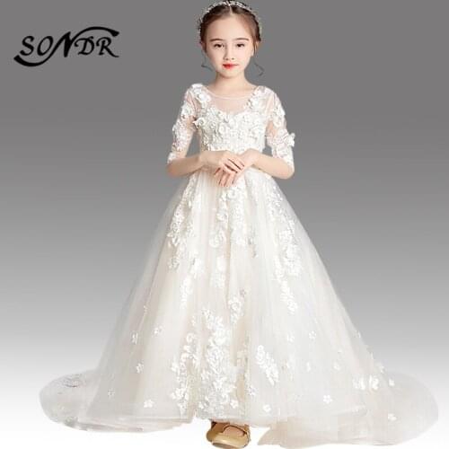 Elegant Flower Girl Dresses HT168 Appliques White Flower Girl Dress for Weddings Half Sleeve Train Tulle Kids Pageant Ball Gowns