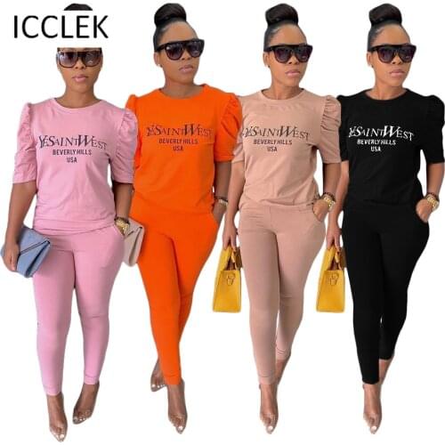 ICCLEK Wholesale Items Plus Size Summer Women Street Two Piece Set Shorts Top Solid Letter Print Pockets Trousers Ladies Suit