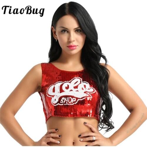 TiaoBug Fashion Women Dazzling Sequins T-Shirt Short Crop Top Hip Hop Jazz Dance Costumes Rave Festival Female Stage Dance Wear