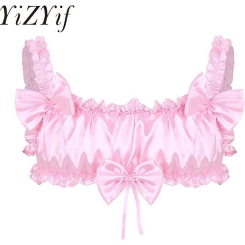 YiZYiF Mens Bra Top Sissy Lingerie Smooth Soft Satin Ruffled Frilly Elastic Wide Shoulder Straps Backless Wire-free Bra Top