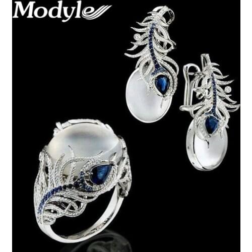 Modyle Elegant Wedding Jewelry Sets Vintage White Moonstone Silver Color Feather Rings / Earrings for Women Gift Brincos Anillos