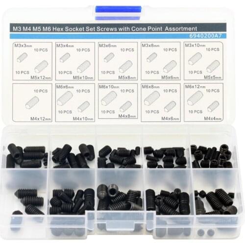 M3 M4 M5 M6 Hex Socket Set Screws with Cone Piont Assortment Kit,Alloy Steel,190 pieces,Black