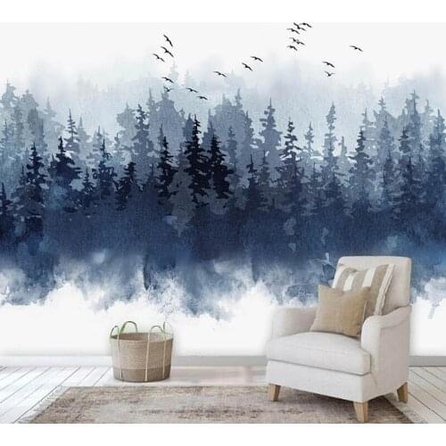 Custom Wall Sticker Nordic Hand Painted Blue Dream Forest Mural Wallpaper Living Room Bedroom Restaurant Wall Covering 3D Decor