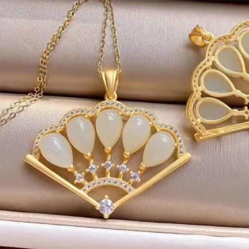 Natural Hetian Jade Love Heart-Shaped Jasper Pendant Gold-Plated White Jade Fashion Big Necklace Gift for Wife