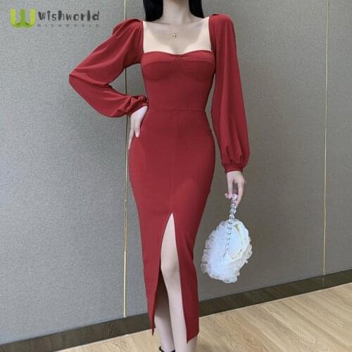 Wishworld 2021 Autumn New Long Sleeve Split Dress Womens Sexy Long Sleeve One-step Dress Fashion Party Club Dress Sundress