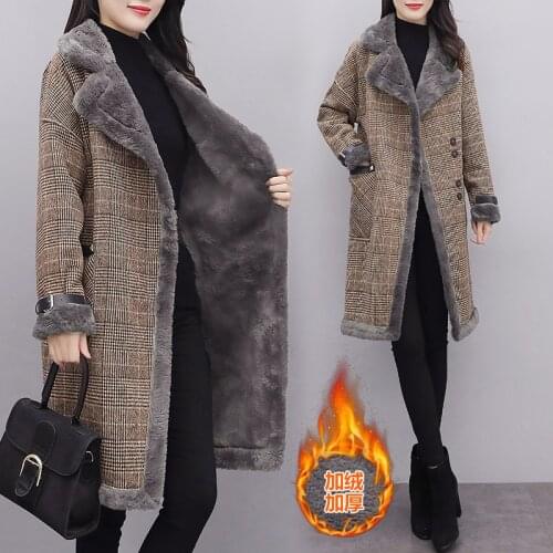 NEW Lamb Wool Womens Coat 2020 Autumn Winter Jacket Mid-length Plus Velvet Thicken Plaid Woolen Coats Female Wool Outerwear 5XL