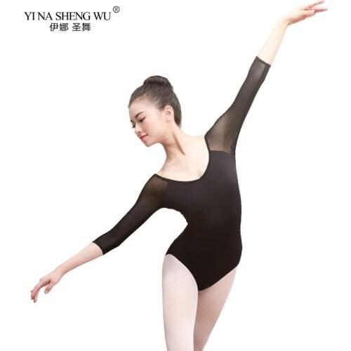 Women Black Mesh Dance Leotards Three Quarter Sleeve Ballet Leotards Adult Ballet Practice Dance Costume Gymnastics Leotards New