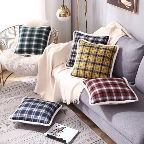 Plush border colorful plaid printed cushion cover 45cm yellow black red home sofa decorative pillow cover office car pillowcase