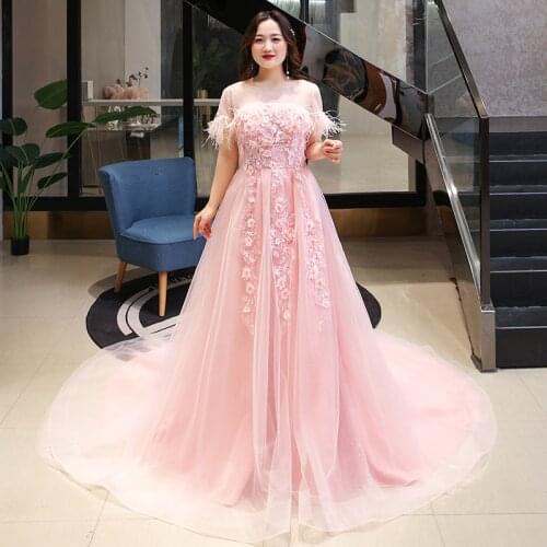 Pink A-Line Evening Dresses Plus Size Lace O-Neck Short Sleeves Floor-length Feathers Flowers Appliques Women Party Dress D401