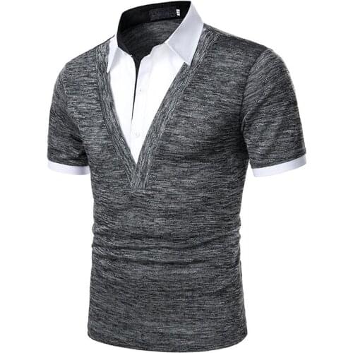 V-neck POLO shirt mens summer stitching fashion lapel casual solid color mens short-sleeved T-shirt top