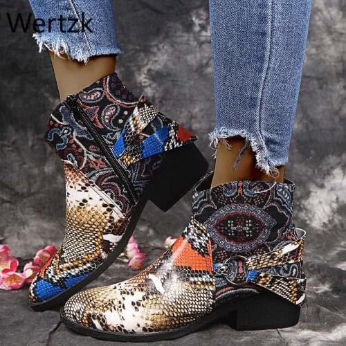 Wertzk Women Ankle Boots Ladies Slip On PU Leather Embroider Fashion Shoes Female Pointed Toe Casual Short Boots Woman Comfort
