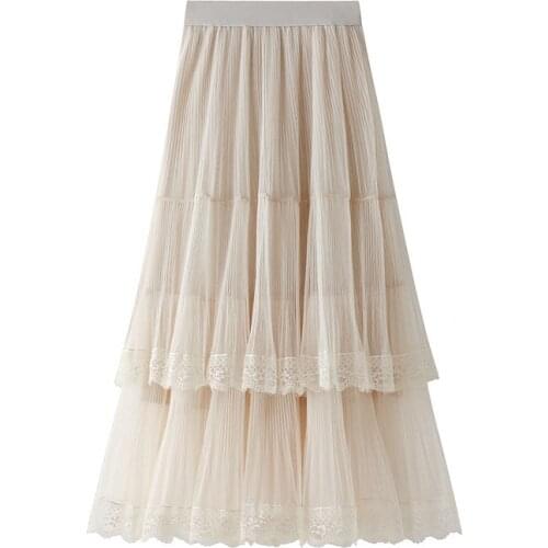 Beige White Summer Skirt Women Fashion Korean Chic Lace A-line Skirt Female High Waist Midi Long All-Match Cake Skirts Femme