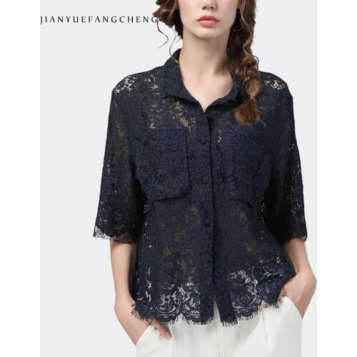 Loose-Fitting Womens Hook Flower Hollow Lace Shirt Half Sleeve Turn-Down Collar 2021 Summer New Female Vintage Button-Down Shirt