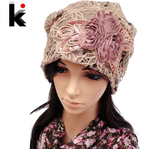 Womens Beanie Pilecap female spring and autumn lace thin pocket cutout mesh hat month of cap toe cap turban hat covering