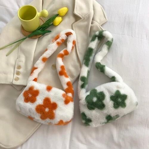 Womens Bag Flower Print Plush Shoulder Underarm Bags for Women Fashion Ladies Autumn Winter Small Purse Tote Shopper Handbags