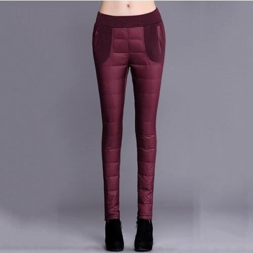 2021 New Winter Pants Women Duck Down Velvet High Waist Skinny Warm Formal Pants Female Black Elastic Waist Work Trousers